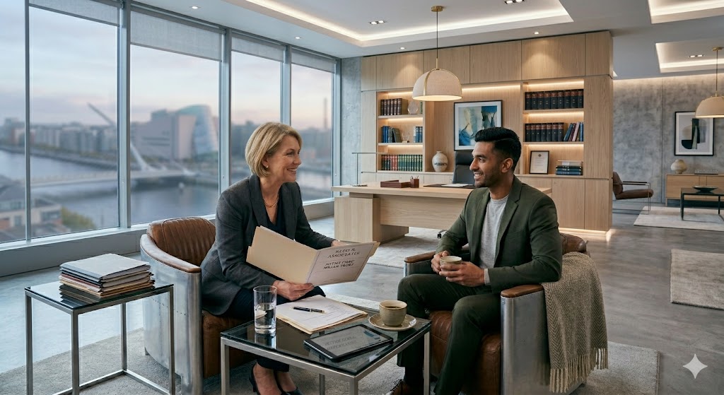 A senior partner in a Dublin riverside office reviewing a client file with a younger colleague over coffee, a relaxed but focused conversation in a high-end professional services interior